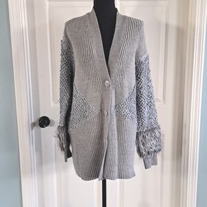 Simply Vera Oversized Mid Thigh Textured Faux Fur Knit Cardigan Sweater Chunky